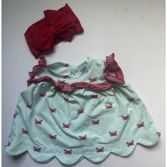 Ishtex Baby Girl Crab Print Scallop Hem Top 6M + RuffleButts Bow