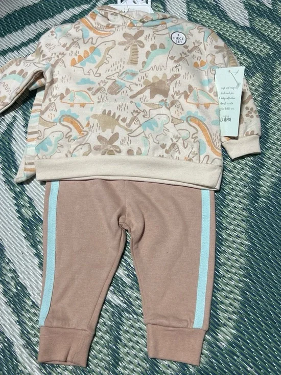 Kids Matching Set - Neutral Dino Print Top and Taupe Joggers