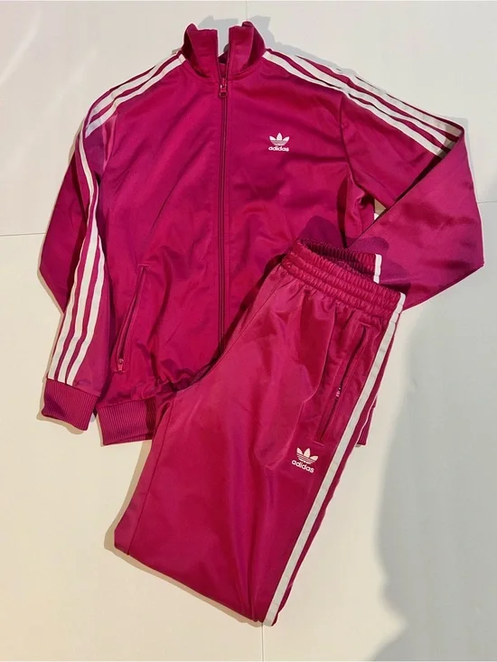 adidas Fuchsia Pink Three-Stripe Track Jacket and Pants Set