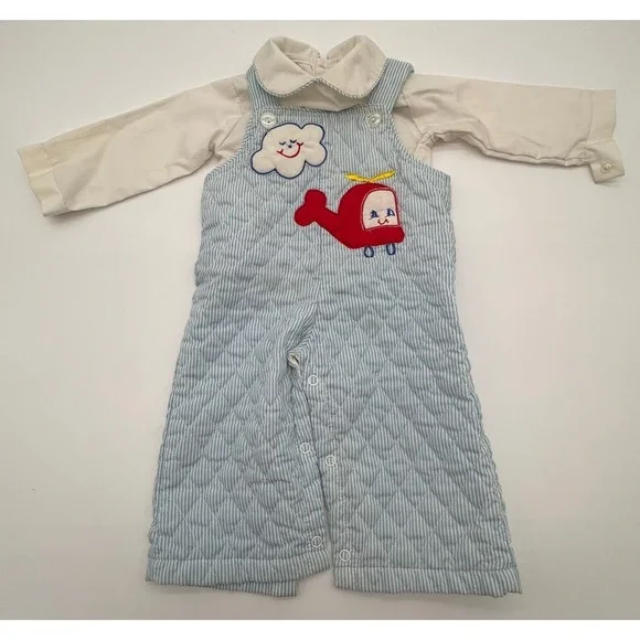 Vintage Tiny Tots Original Baby Boy Airplane Seersucker Longall Set Size 6-9 M