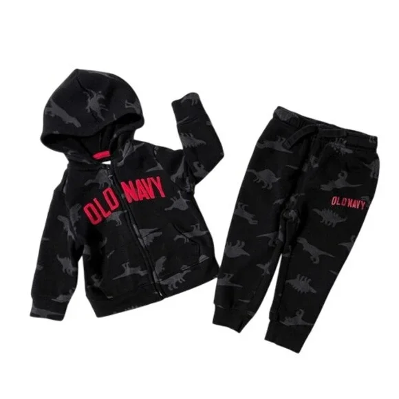 Old Navy Black Dinosaur Zip Up Hoodie Fleece‎ LS Jogger Pant Outfit 2T Matching