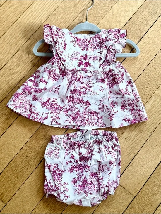 Janie and Jack White and Cranberry Floral Toile Matching Baby Dress Set 0-3m