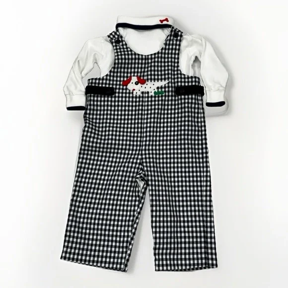 Florence Eiseman Blue Check Dog Appliquéd Overall / Shirt 2 Piece 24 Months
