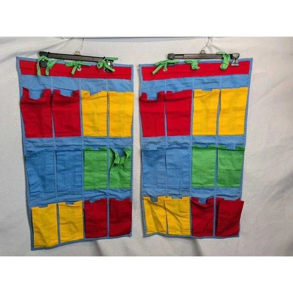 Vintage Classroom Hanging Pocket Organizer Red‎ Yellow Green Blue 2 Pc Set