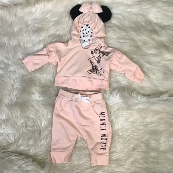 Disney Peach pink Minnie Mouse Infant two piece  Hoodie outfit EUC‎