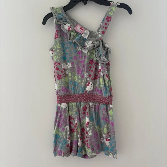 Hello Kitty‎ Romper Jumpsuit Ruffle Trim Hearts Peace Signs Gray Girls L (10/12)