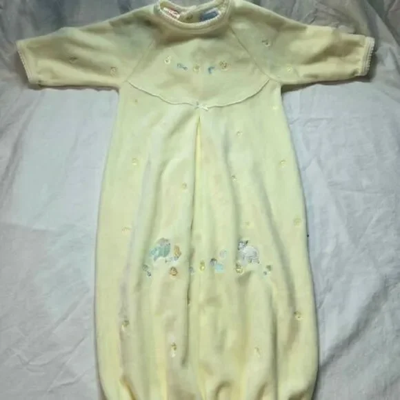 vintage baby sleep sack, gown Le Top brand Pastel yellow velour newborn animals