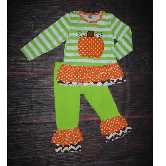 Boutique Pumpkin Tunic Shirt & Ruffle Leggings Girls Outfit Set