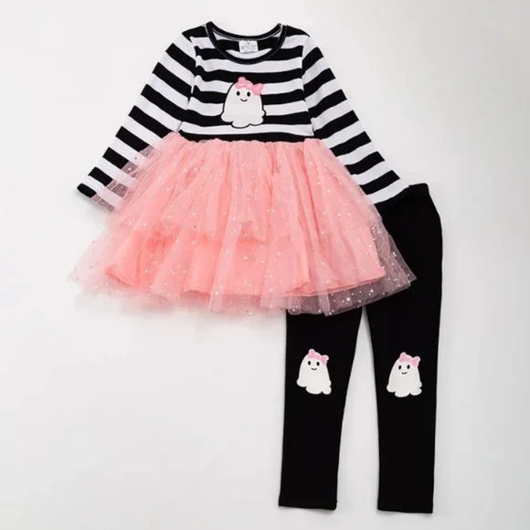 Boutique Halloween Ghost Tunic Tutu Dress & Leggings Girls Outfit Set