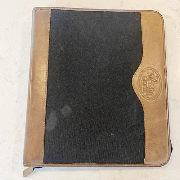 Franklin Quest Vintage Zip Planner Green Line Leather Trim & Canvas Zip Inserts