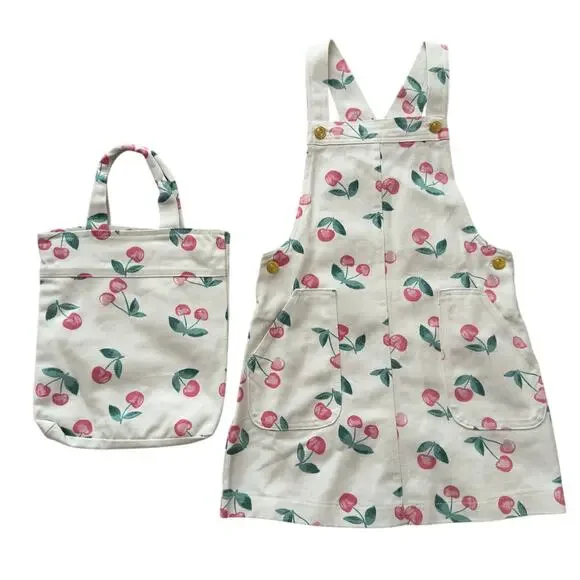 Cynthia Rowley Girls Cherry Print Overall Jumper Dress & Tote Bag Size 5