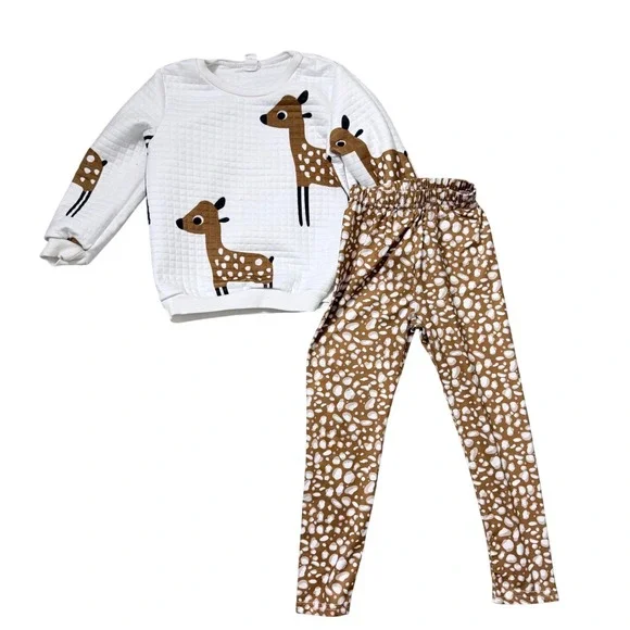 SHEIN Girls White Quilted Deer Print Sweatshirt Brown Spotted Leggings Set‎ 5Y