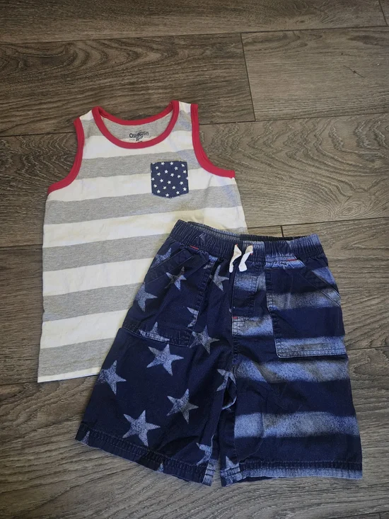 OshKosh B'gosh Boys' Red-Trim Grey Striped Tank & Navy Star Shorts Set