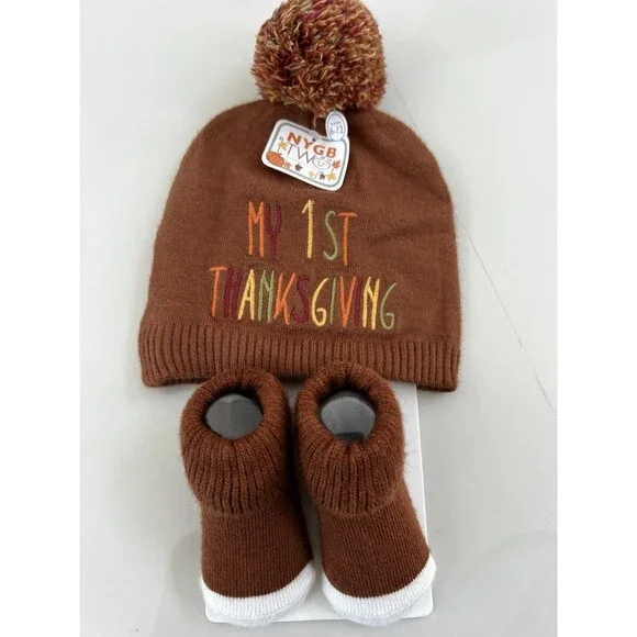 NYGB Baby Boy Girl Hat Sock 2 Pcs Set MY 1st THANKSGIVING 6-12 Month Outfit Gift