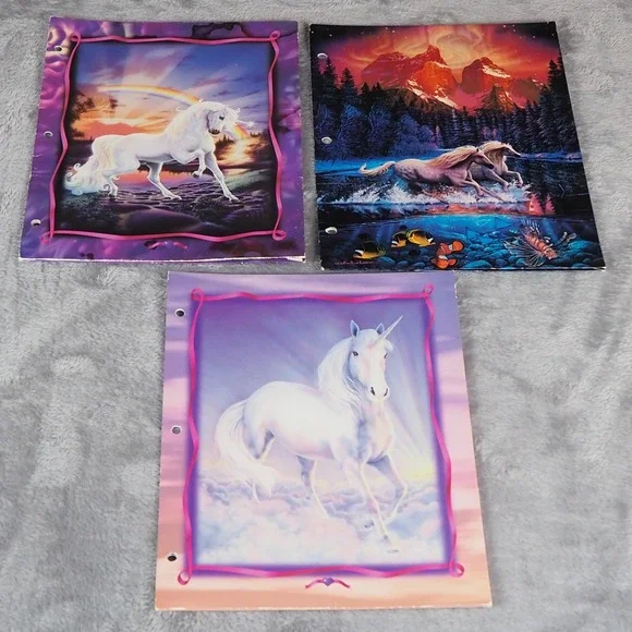 VTG 90's Unicorn‎ Horse Folders Lot of 3 Stuart Hall Christian Riese Lassen Art