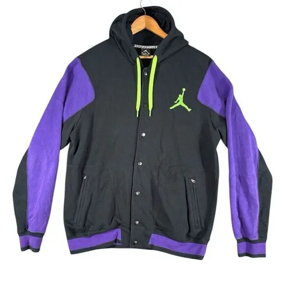Jordan Men's XL Black Purple with Lime Green Logo Snap Button Hoodie Jacket