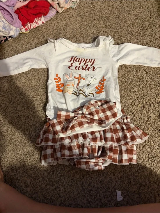 Happy Easter White Long-Sleeve Romper with Brown Gingham Ruffle Skirt