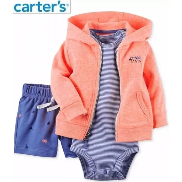 NWT 24 Months Carter's Boy's/ Girl's Orange Blue 3-Pc Hoodie Bodysuit Shorts Set