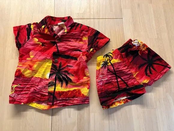 Hawaiian Tropical Floral Palm Sunset Cotton Shirt Shorts Set Resortcore Aloha 2t