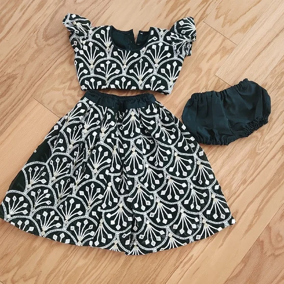 Dark Green and White Three-Piece Lehanga Choli For Girls 2-3 Yrs Short Sleeves