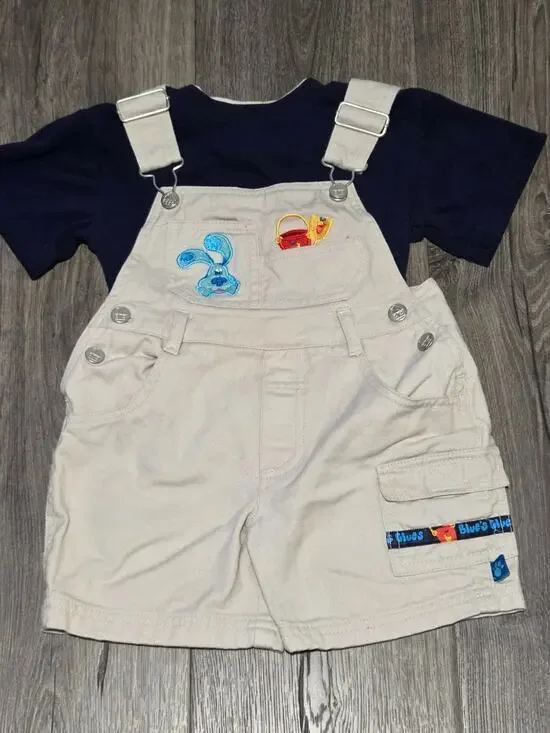 VINTAGE Y2K Nickelodeon Blue's Clues Overall Shorts Toddler 2T Tan Embroidered