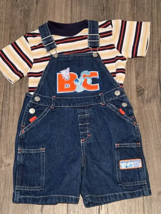 Vintage RARE Y2K Blues Clues Blue Denim Overalls & Shirt Set Embroidered Size 3T