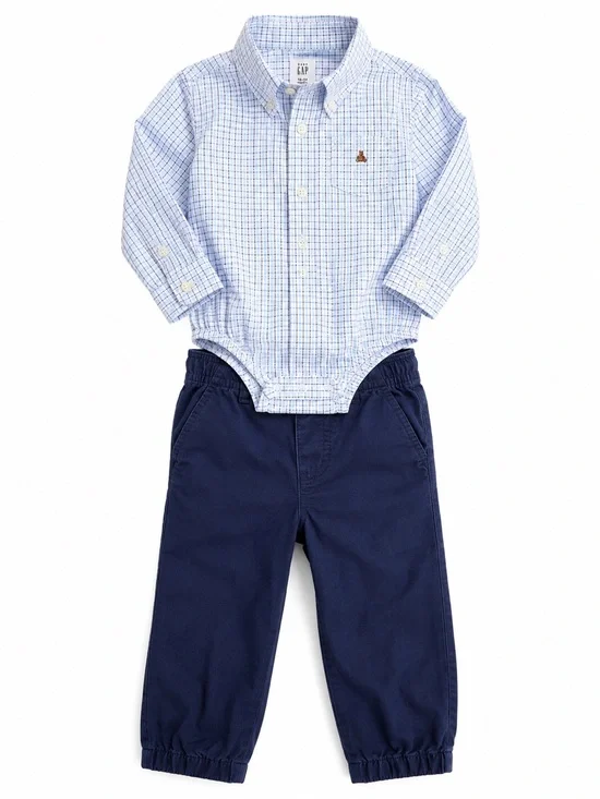 Baby Gap 18-24M Dress Shirt Bodysuit Pants Outfit Set Blue White 2 Pc
