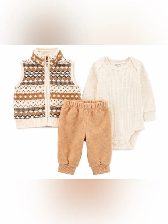 Carter’s 3 Pc Baby Outfit Set 12M Waffle Bodysuit Fair Isle Vest