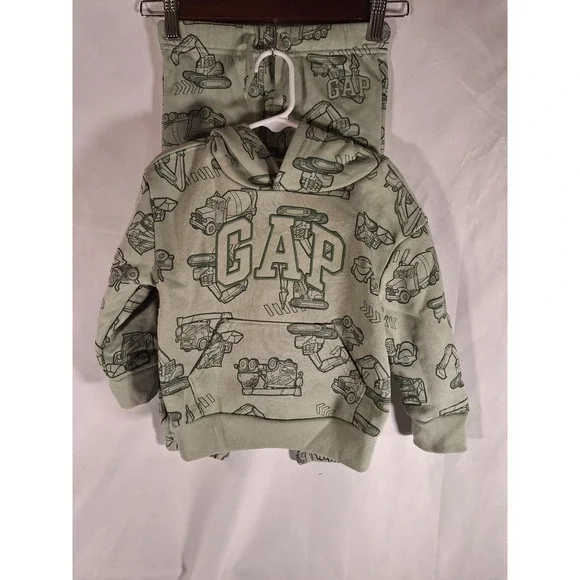 Baby Gap Kids 3T Construction Vehicle Hoodie and Joggers Set Sage Green Fleece