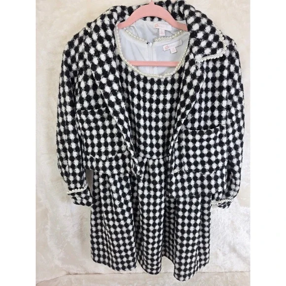 GB Girls Black White Tweed Dress and Jacket Set Faux Pearl Trim Kids‎ Size 14 L