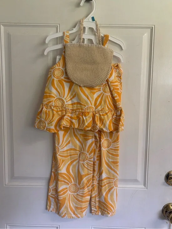 4 (XS) Max Studio yellow/white sunflower tank  top/wide leg pants/Purse.  In EUC