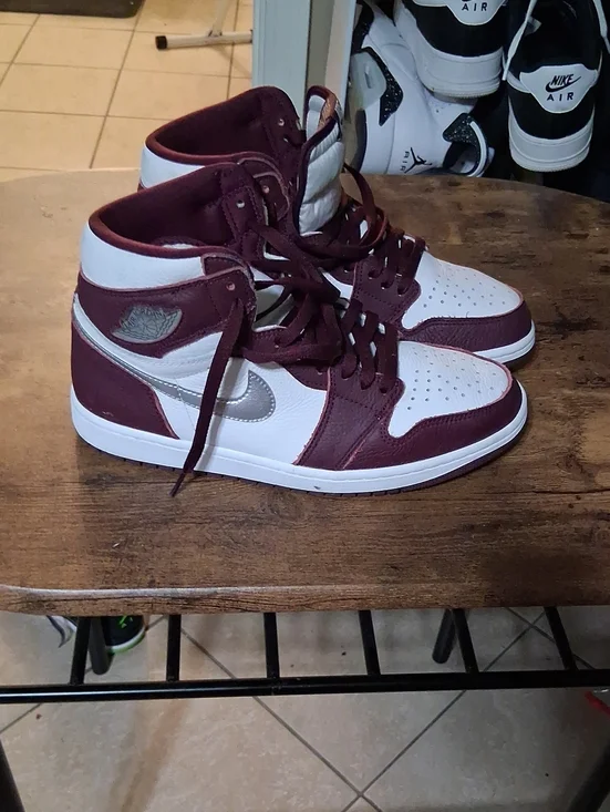 Jordan Men's High-Top Sneakers — White & Maroon with Silver Swoosh