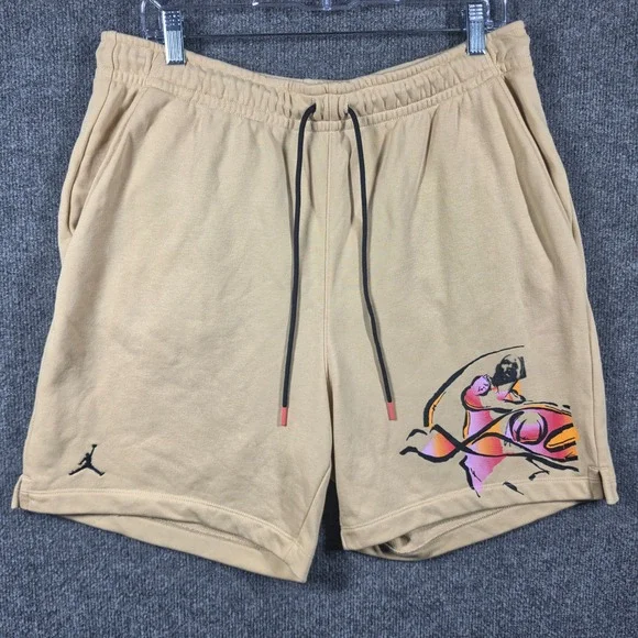 Jordan Basketball Shorts Mens Large Drawstrings Graphic Fleece Jumpman Tan