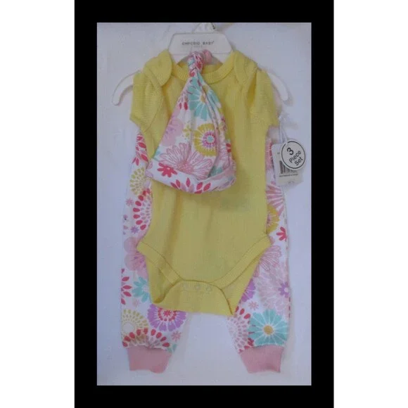 Emporio Baby 3 Pc Set Girls Yellow Bodysuit with Pants & Hat 3-6 Months NEW