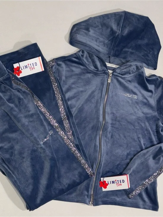 Limited Too Blue Velour 2-Piece Tracksuit Set Full Zip Hooded Hoodie & Pants XL
