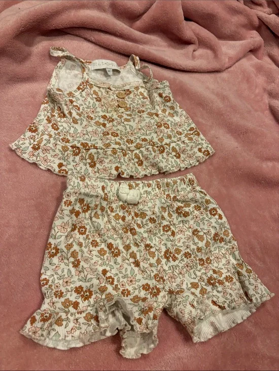 Floral Ruffle Tank & Shorts Set - Rust Floral on Cream