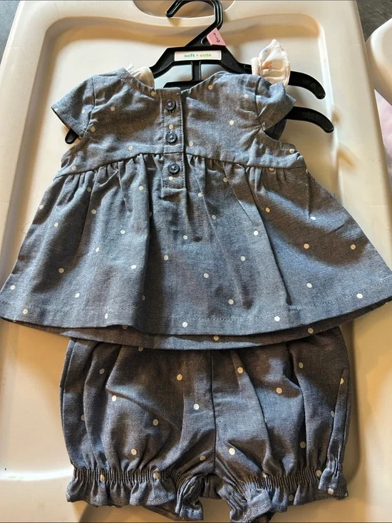 Blue Polka Dot Baby Dress & Bloomer Set with floral onesie