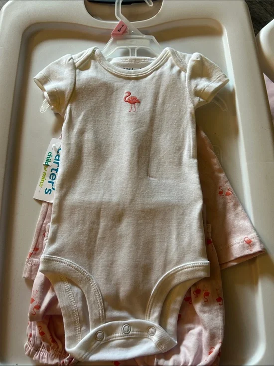 Carter's White Baby Onesie with Pink Flamingo Set