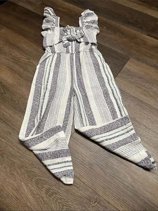 Jessica Simpson Cream & Purple Striped Ruffle Strap Jumpsuit