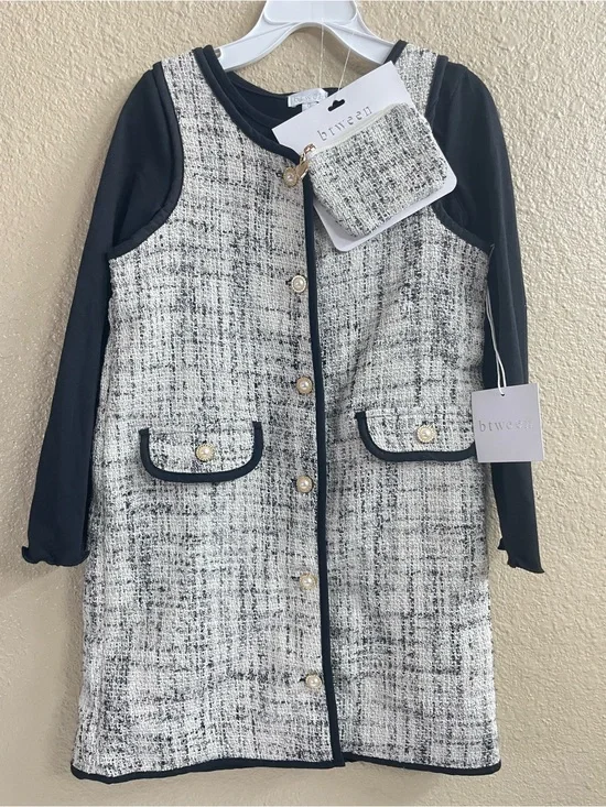 Btween Girls Tweed Dress Set Long Sleeve Shirt Matching Coin Purse Size 6
