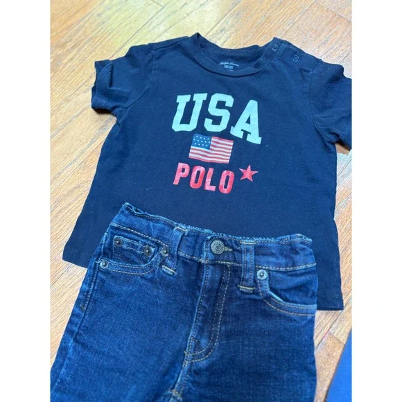 Polo Ralph Lauren Baby Boys 9M USA Graphic Tee Dark Wash Jeans Outfit Set