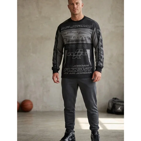 Jordan Flight‎ Printed Long Sleeve Jersey Shirt Black Gray Graphic Size S