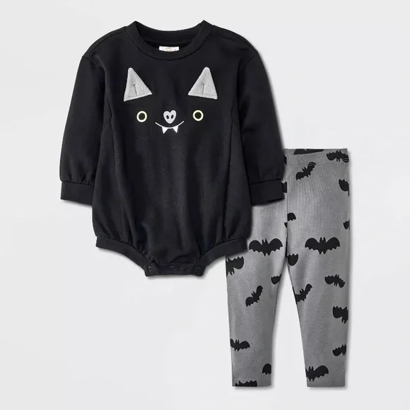 Baby Bat Face Romper & Leggings Set nwt Black 6-9M Halloween