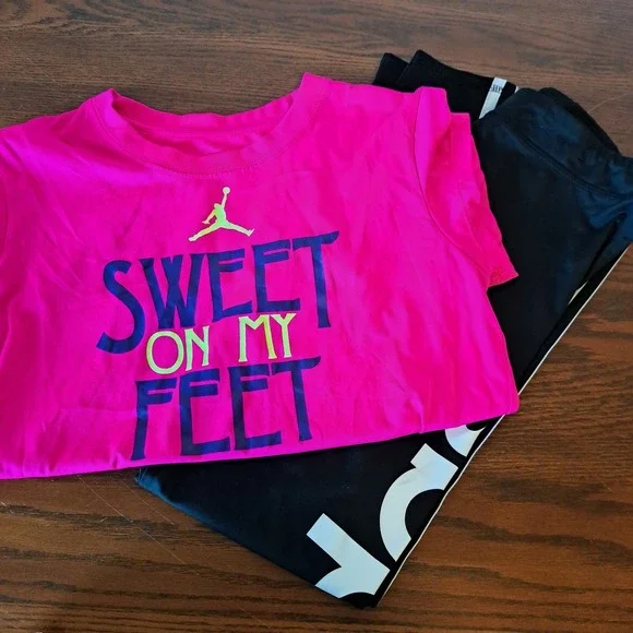 Jordan Pink Dri-FIT Tee & Adidas Black Logo Leggings Set Girls XL 16 13-15Y