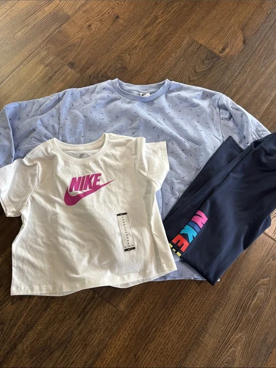 Nike Big Girl Crop Tee and Navy leggings and sweat shirt bundle