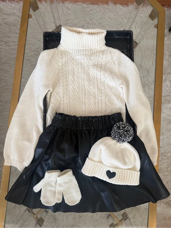 Cozy White Cable Knit Turtleneck Sweater with Faux Leather skirt (hat/mittens)