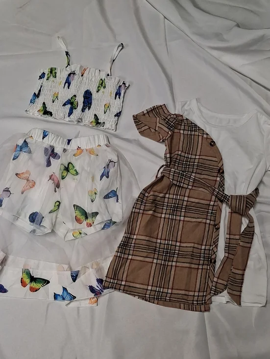 Girls 5T Brown Plaid & White Dress W/belt And 2 Pc White Butterfly Outfit.