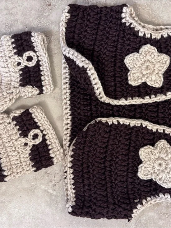 Handmade Crochet Baby Set in Dark Brown and Cream
