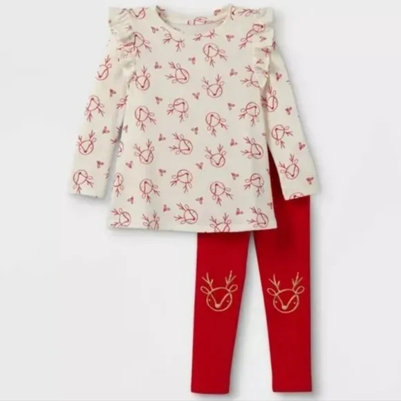 Cat & Jack Christmas Reindeer Matching Leggings & Long Sleeve Shirt Set Size 5T