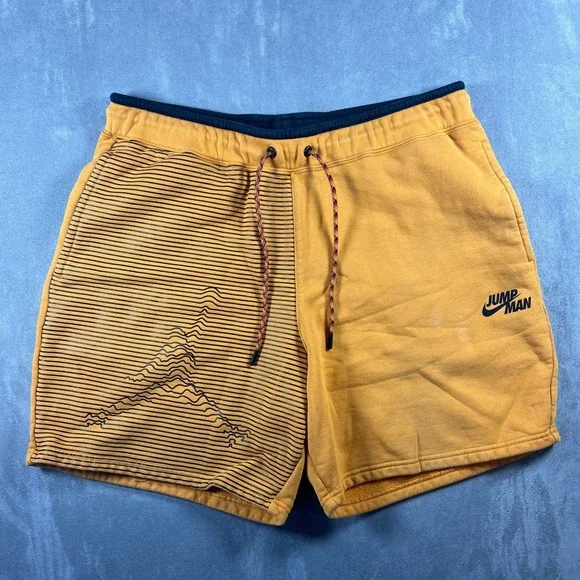 Jordan Nike Jumpman Mens Fleece Shorts Large Yellow Gold Stripe Graphic